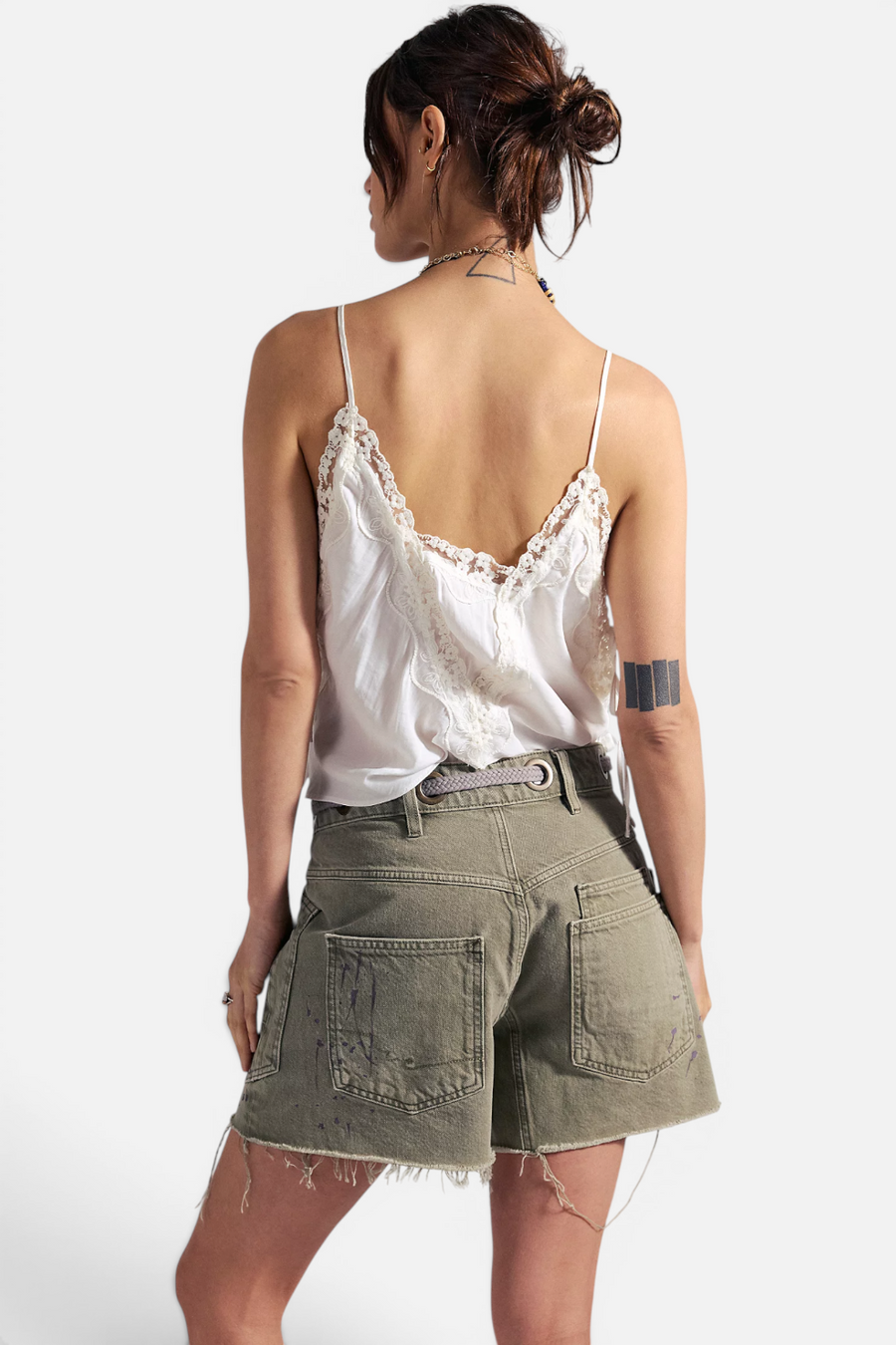 Free People Moxie Barrel Denim Cut-Off Shorts in Army – back view
