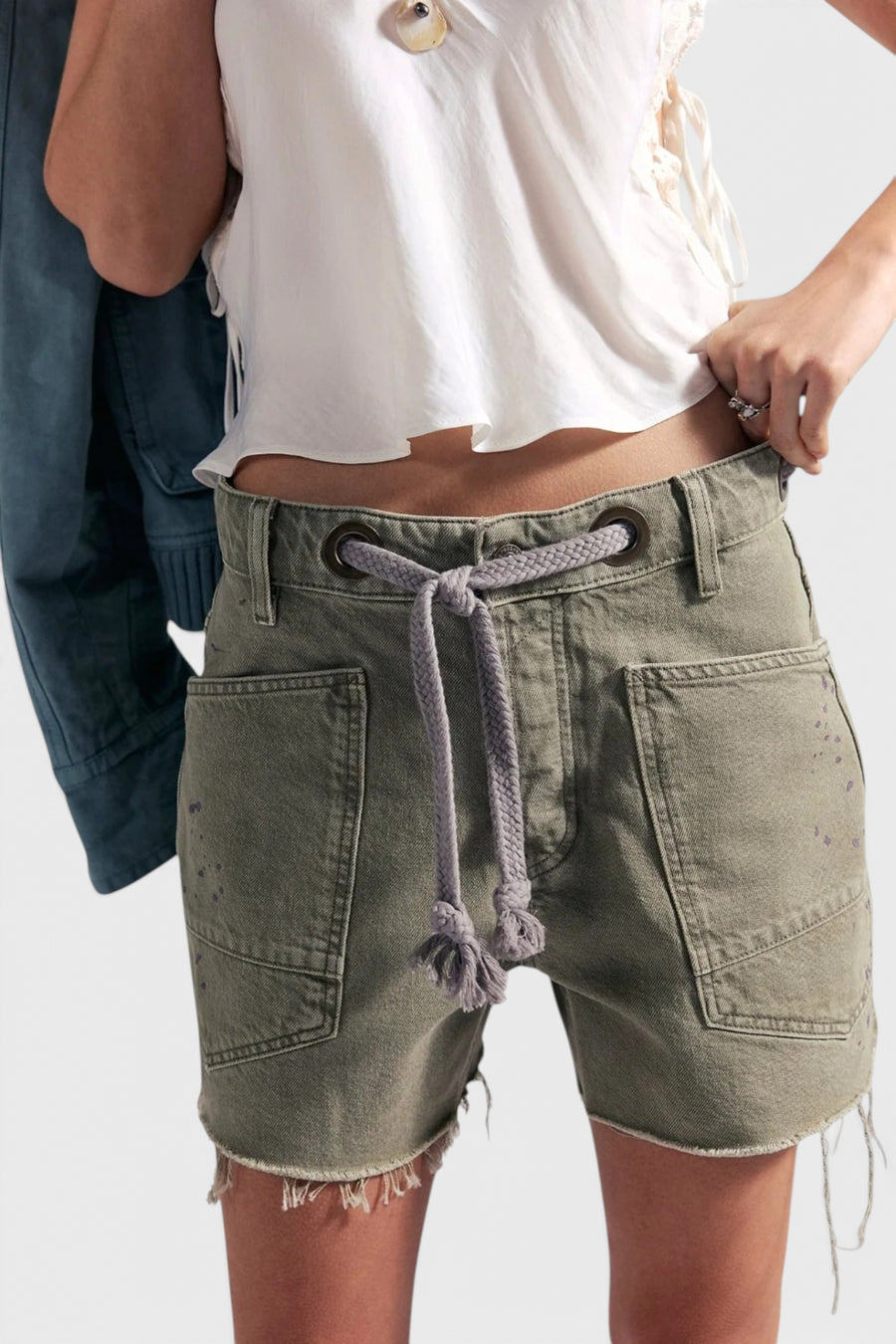 Free People Moxie Barrel Denim Cut-Off Shorts in Army – detail