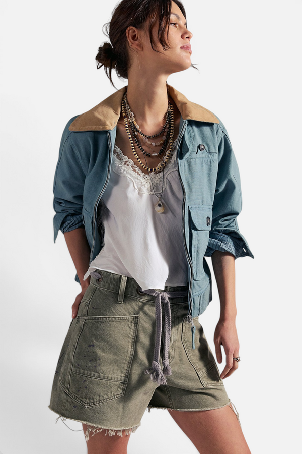 Free People Moxie Barrel Denim Cut-Off Shorts in Army