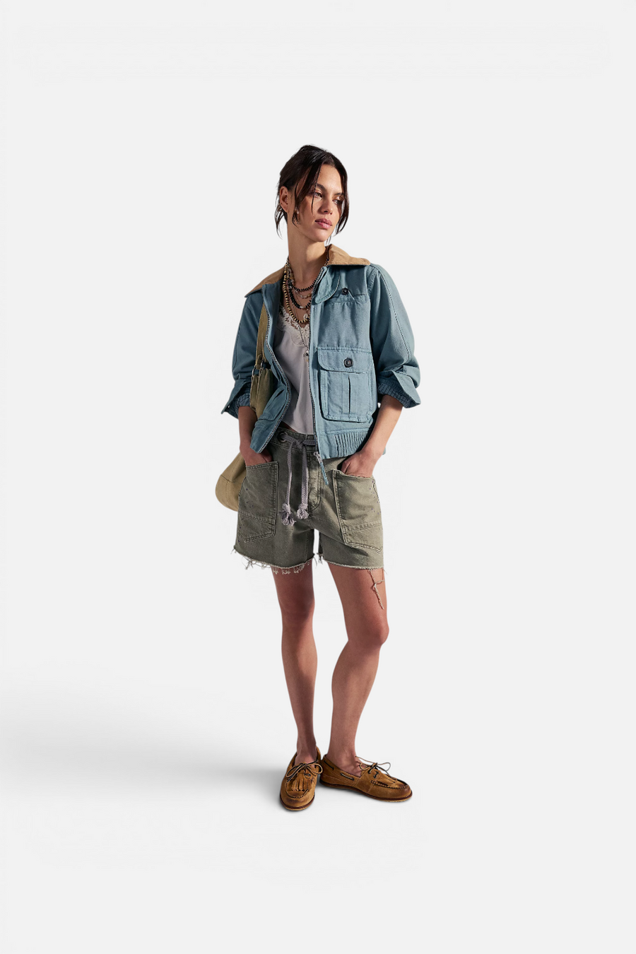 Free People Moxie Barrel Denim Cut-Off Shorts in Army – side view