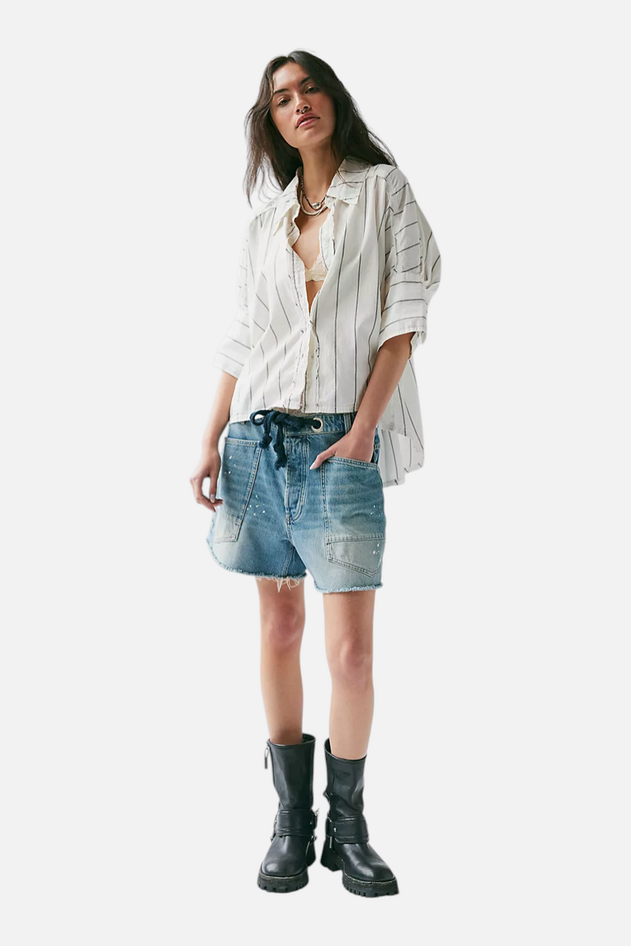 Free People Moxie Barrel Shorts in Timeless Blue – front view