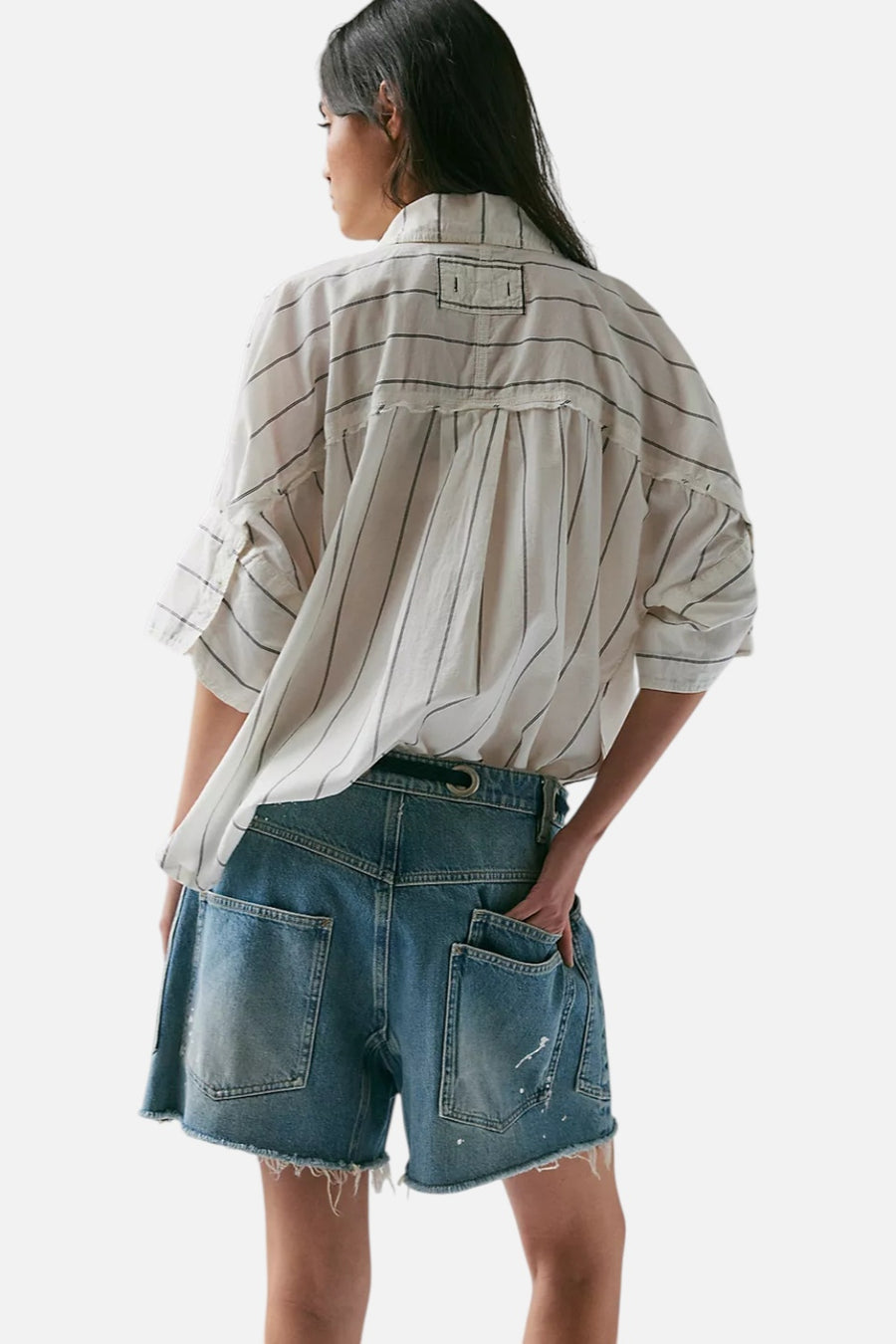 Free People Moxie Barrel Shorts in Timeless Blue – on model