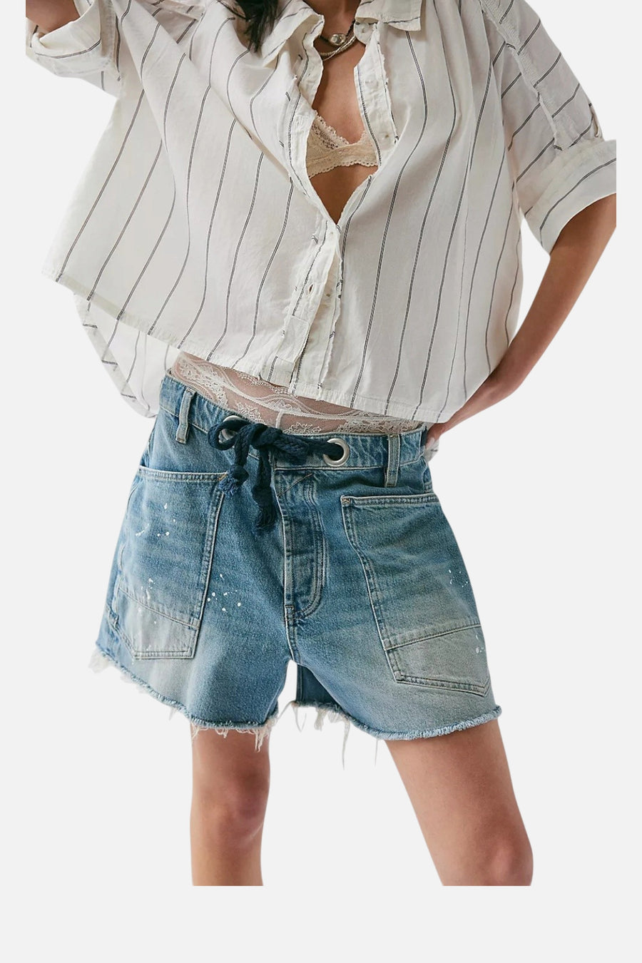 Free People Moxie Barrel Shorts in Timeless Blue – on model