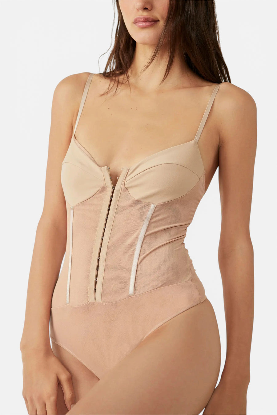 Free People Night Rhythm Corset Bodysuit in Pink Sand Dune – front view