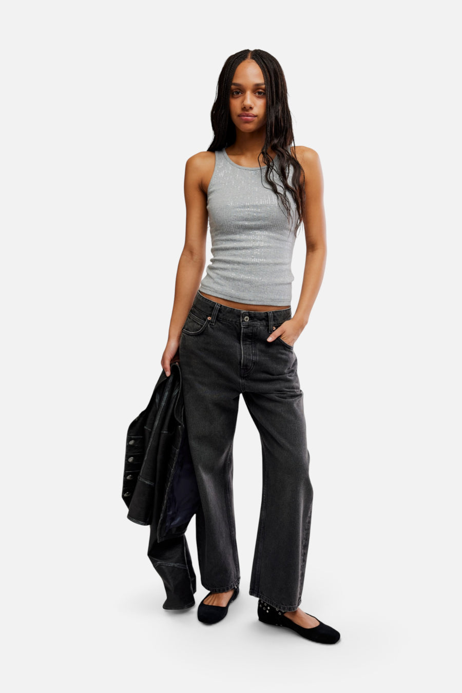 Free People Night Shine Tank in Heather Grey – full length