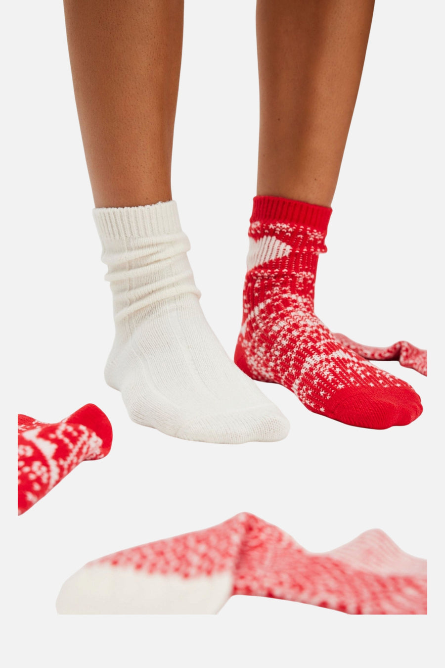 Free People Nordic Knit Sock Pack in Red Combo – on model