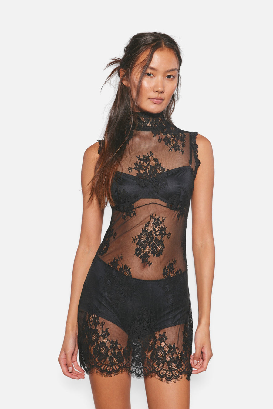 Free People One More Time Mini Slip Dress in Black – front view