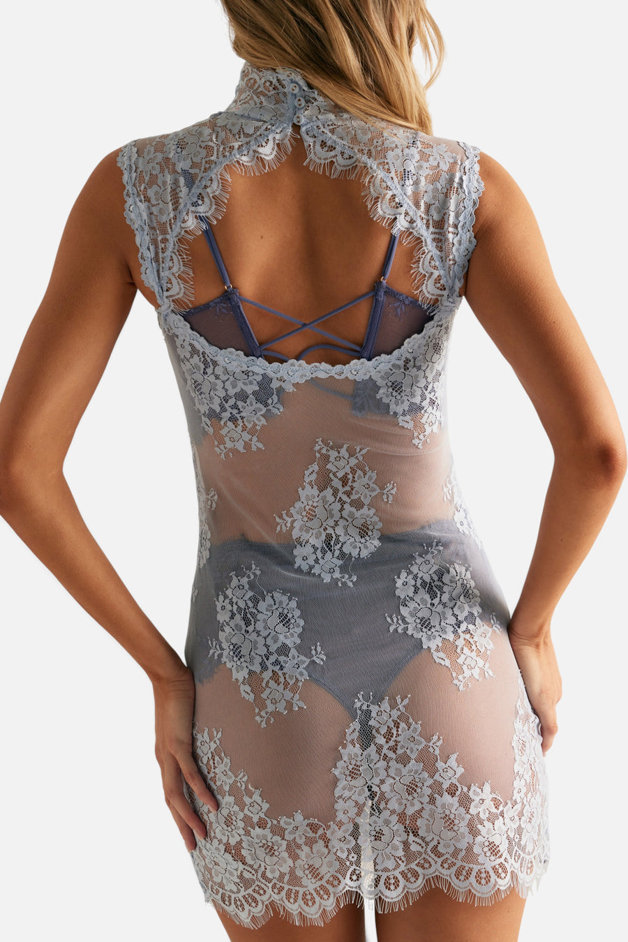 Free People One More Time Mini Slip Dress in Blue – back view