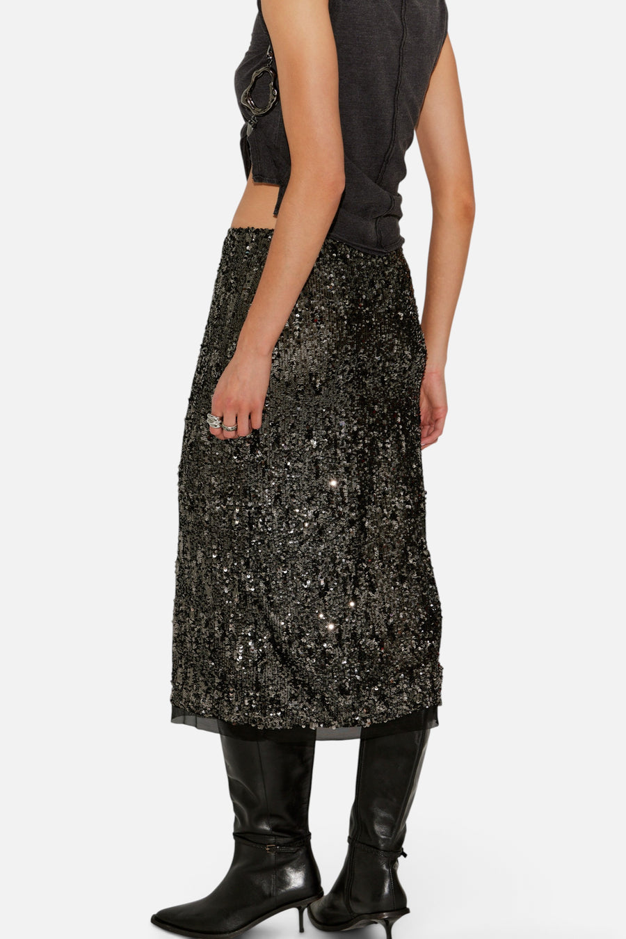 Free People Party Trick Sequin Midi Slip Skirt in Gunmetal – front view