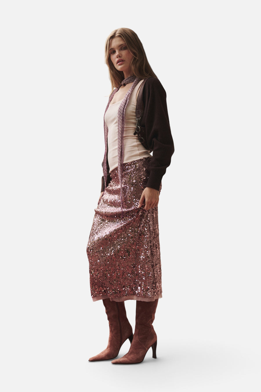 Free People Party Trick Sequin Midi Slip Skirt in Winter Tulip – on model