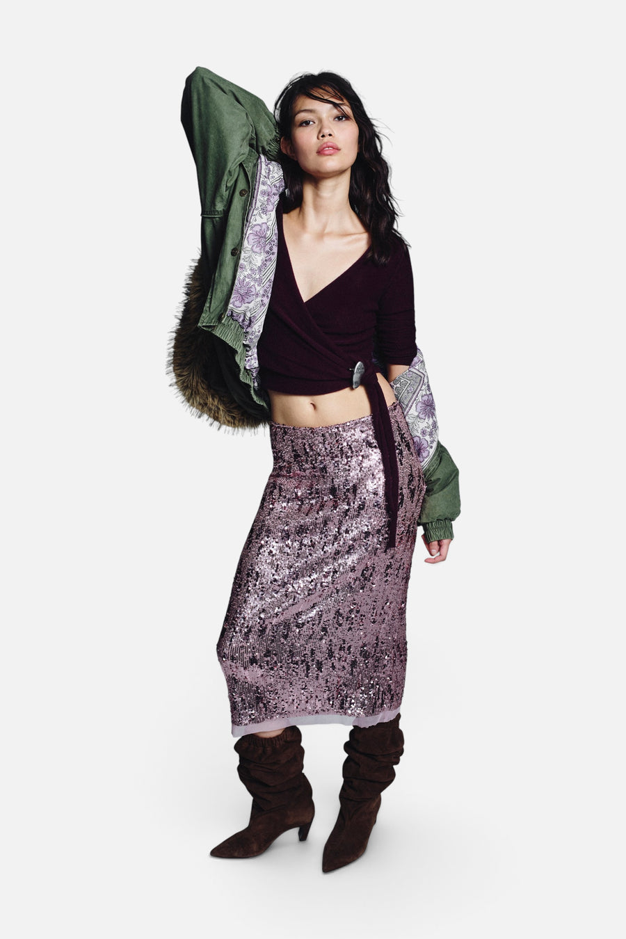 Free People Party Trick Sequin Midi Slip Skirt in Winter Tulip – on model
