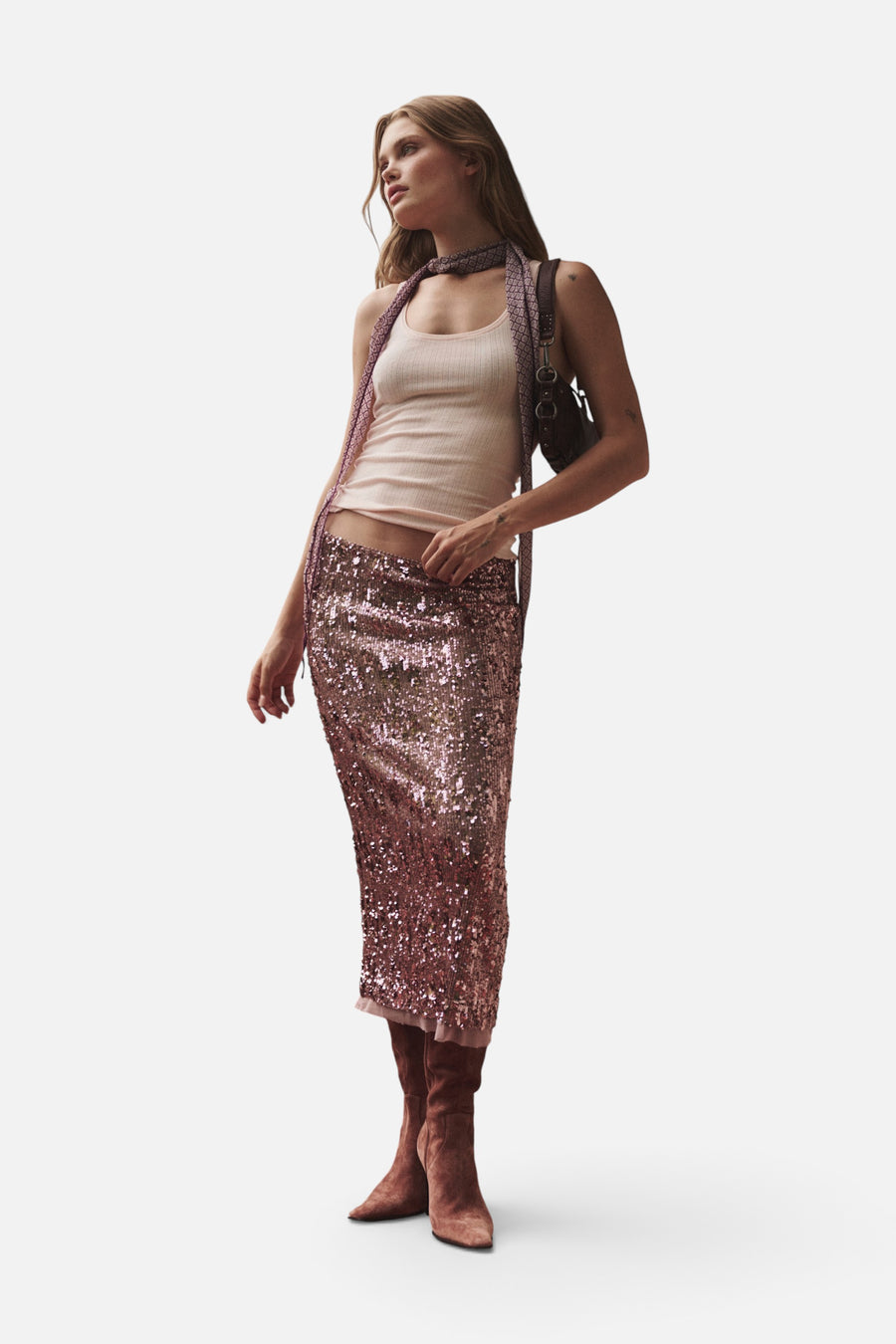 Free People Party Trick Sequin Midi Slip Skirt in Winter Tulip – on model