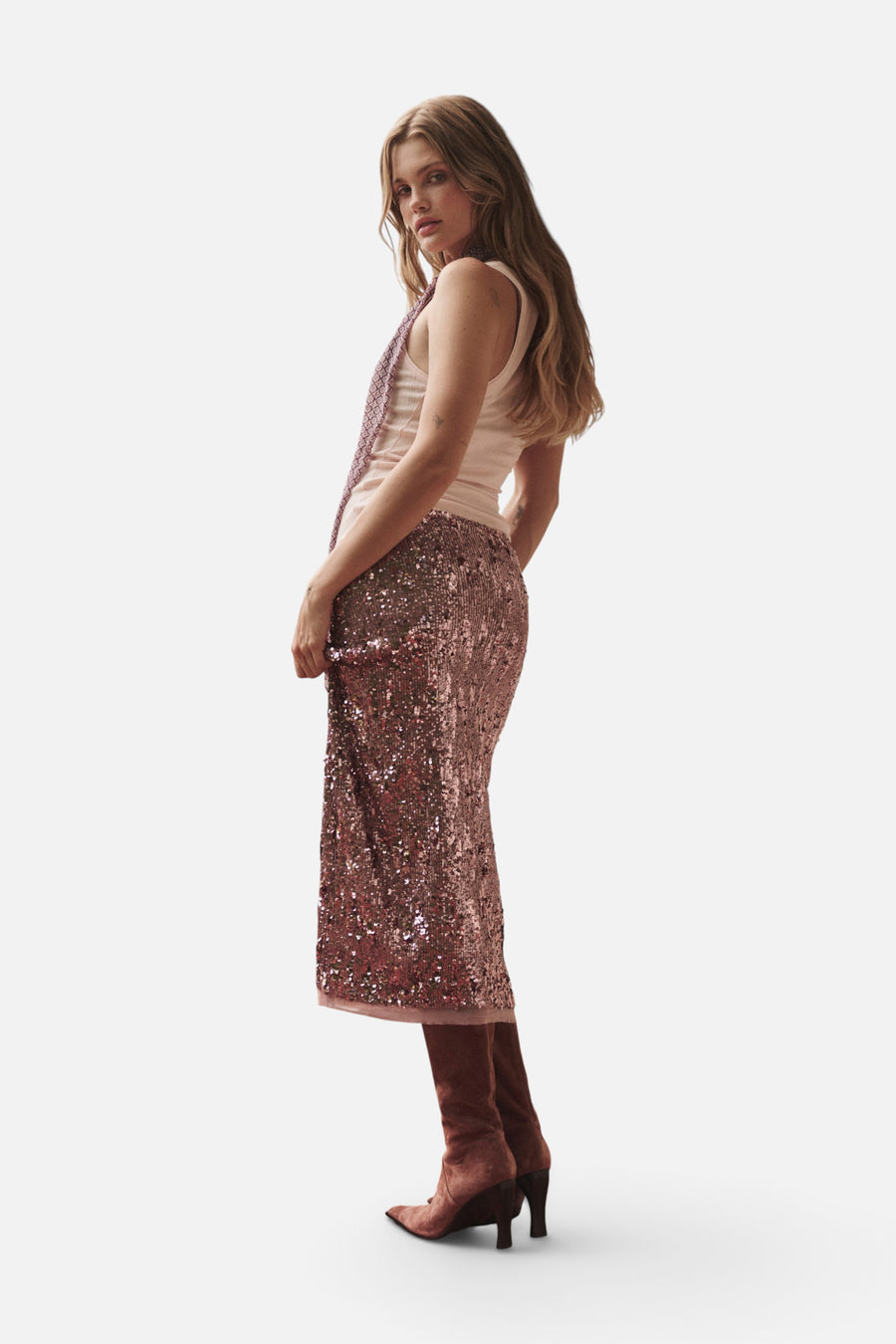 Free People Party Trick Sequin Midi Slip Skirt in Winter Tulip – on model