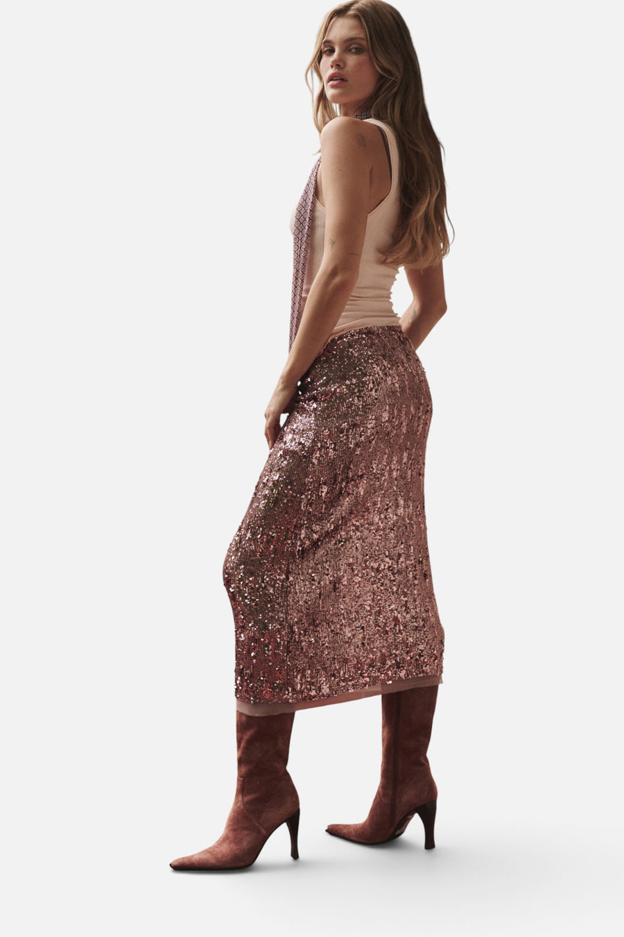 Free People Party Trick Sequin Midi Slip Skirt in Winter Tulip – side view