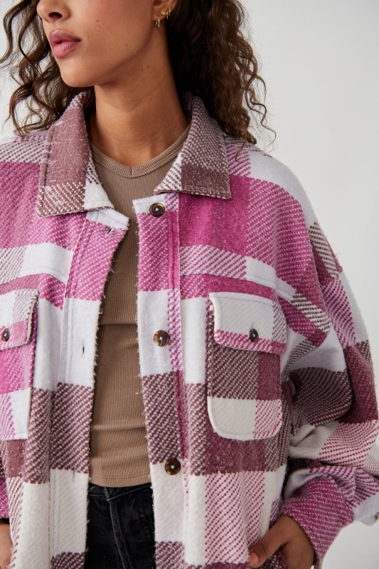 Free People Plaid Long Ruby Jacket in Wine Combo – back view