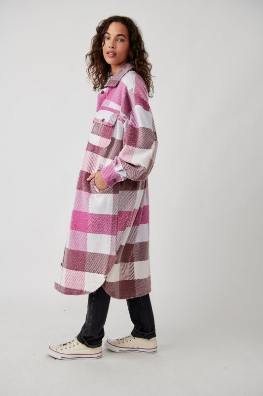 Free People Plaid Long Ruby Jacket in Wine Combo – detail