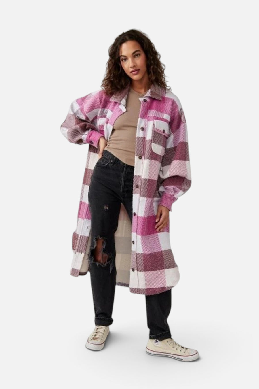 Free People Plaid Long Ruby Jacket in Wine Combo – front view
