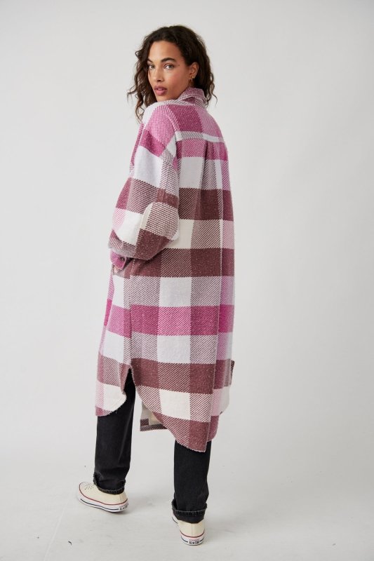 Free People Plaid Long Ruby Jacket in Wine Combo – side view