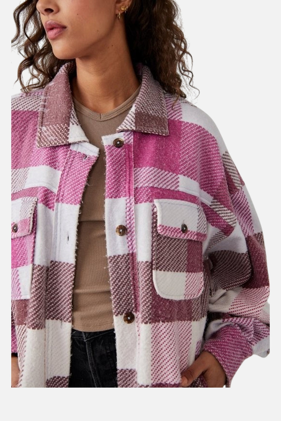 Free People Plaid Long Ruby Jacket in Wine Combo – side view