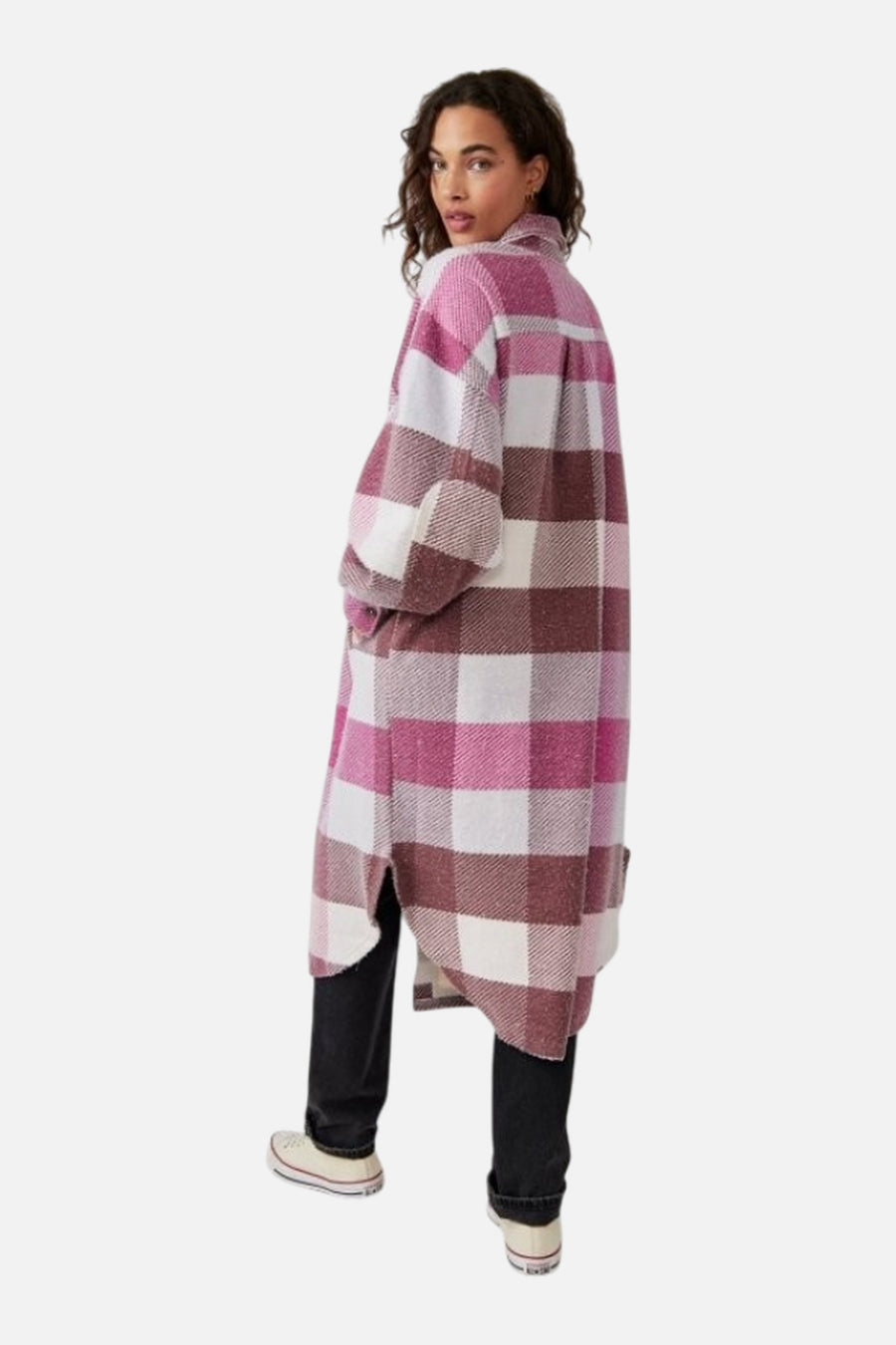 Free People Plaid Long Ruby Jacket in Wine Combo – side view