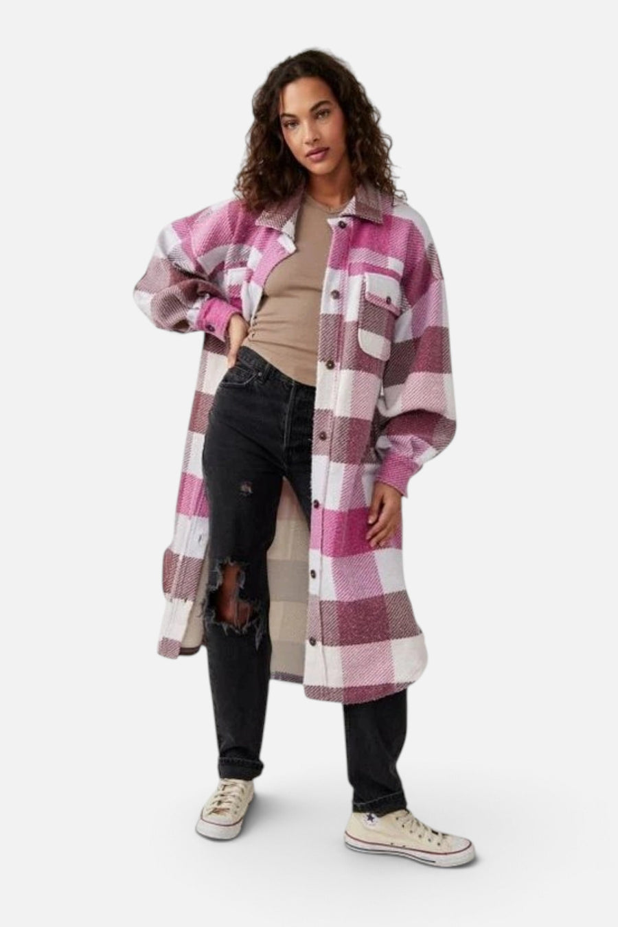 Free People Plaid Long Ruby Jacket in Wine Combo – side view