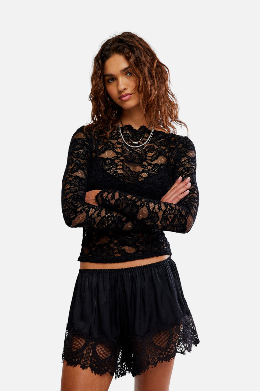 Free People Raising Eyebrows Lace Top in Black – front view