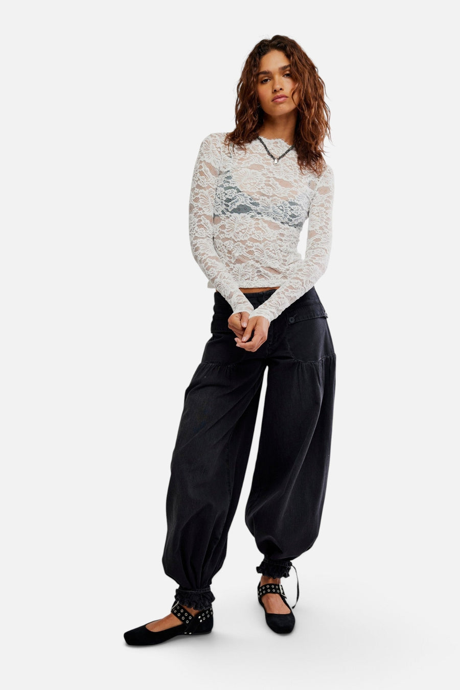 Free People Raising Eyebrows Lace Top in Clean Ivory – on model