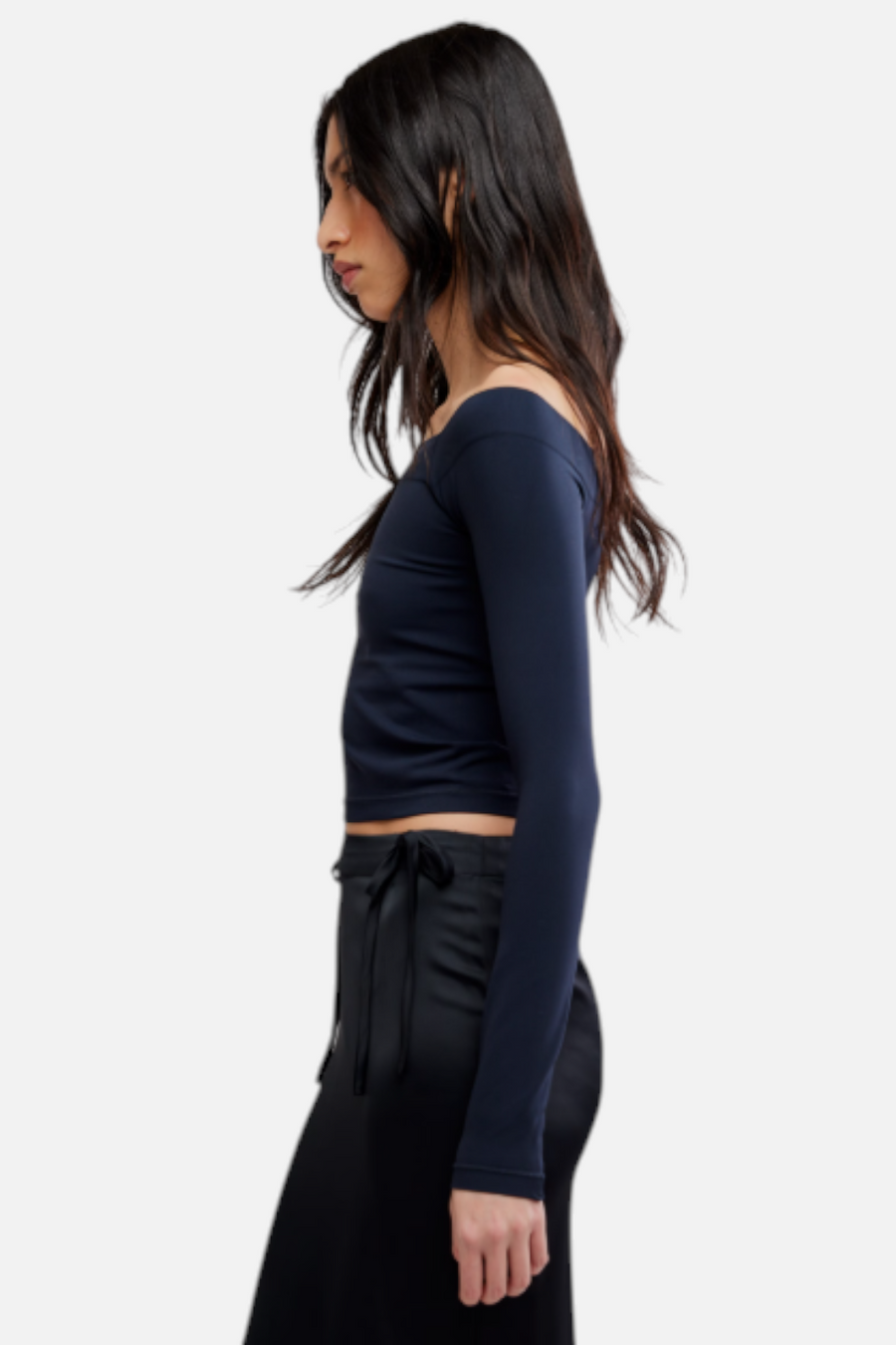 Free People Round Two Off The Shoulder Long Sleeve Top in Black – back view