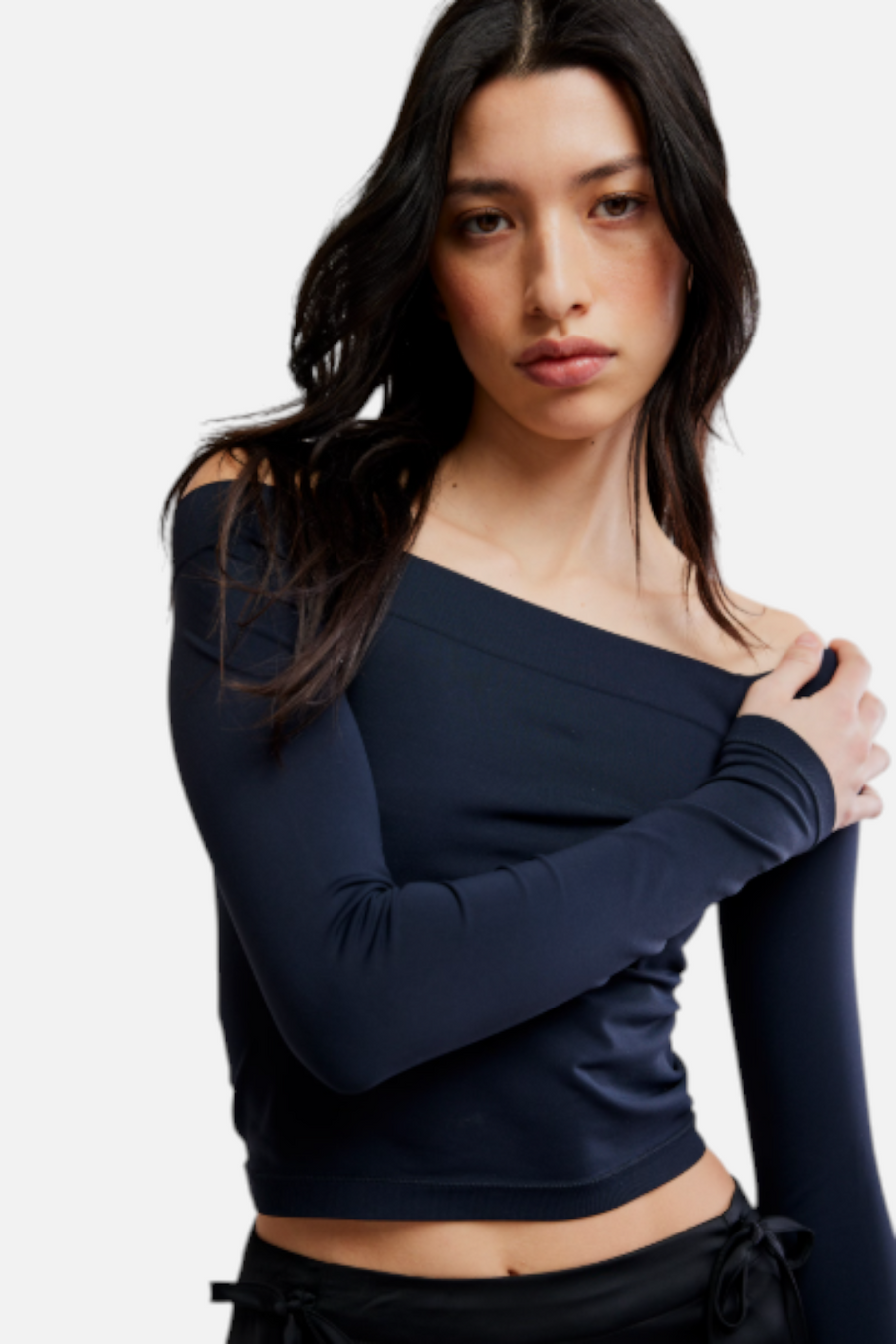 Free People Round Two Off The Shoulder Long Sleeve Top in Black – detail