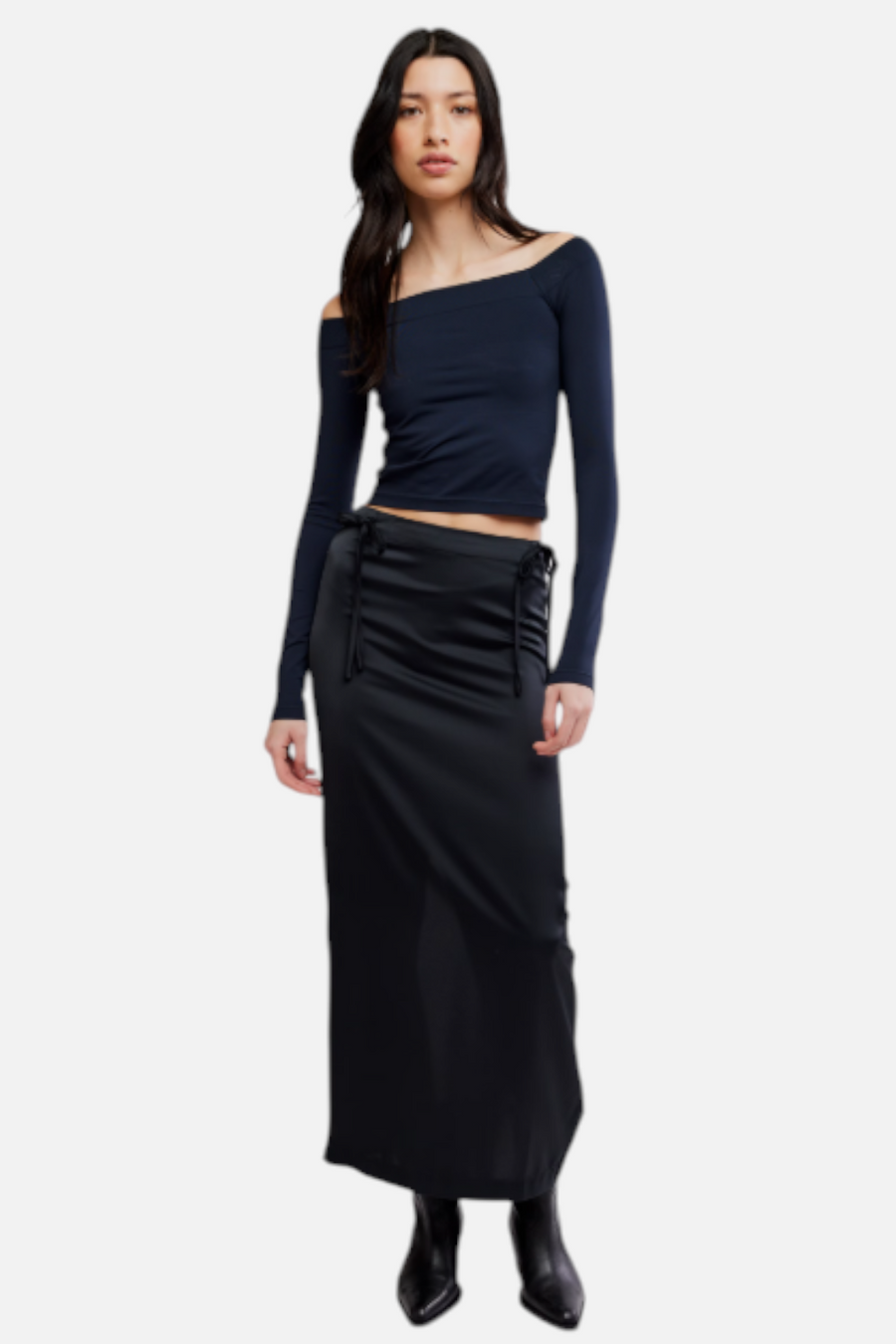 Free People Round Two Off The Shoulder Long Sleeve Top in Black – flat lay