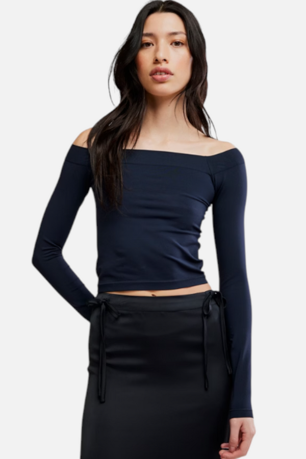 Free People Round Two Off The Shoulder Long Sleeve Top in Black