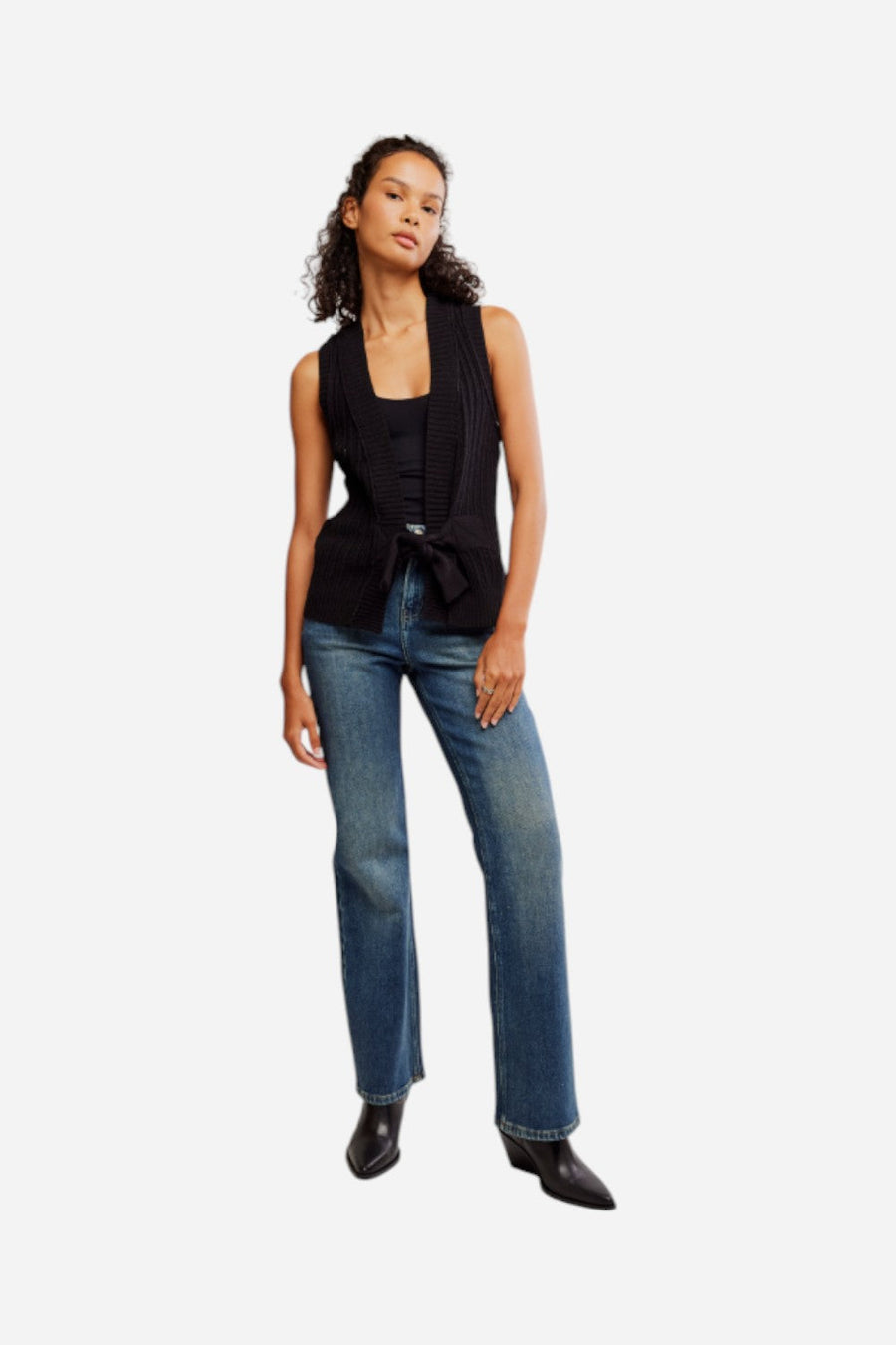 Free People Selma Vest in Black – flat lay