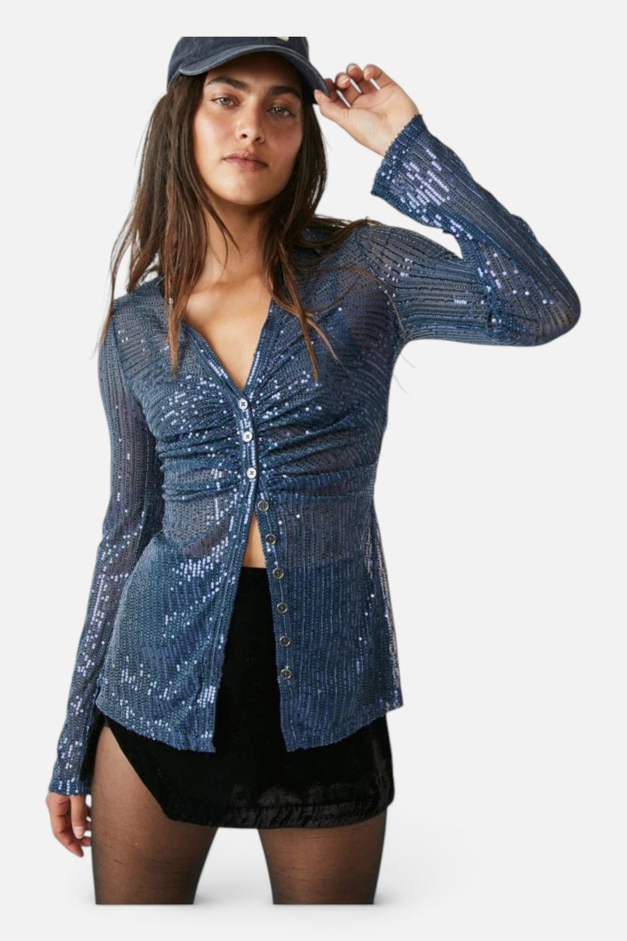 Free People Sequin Shirtee in Varsity Navy – front view