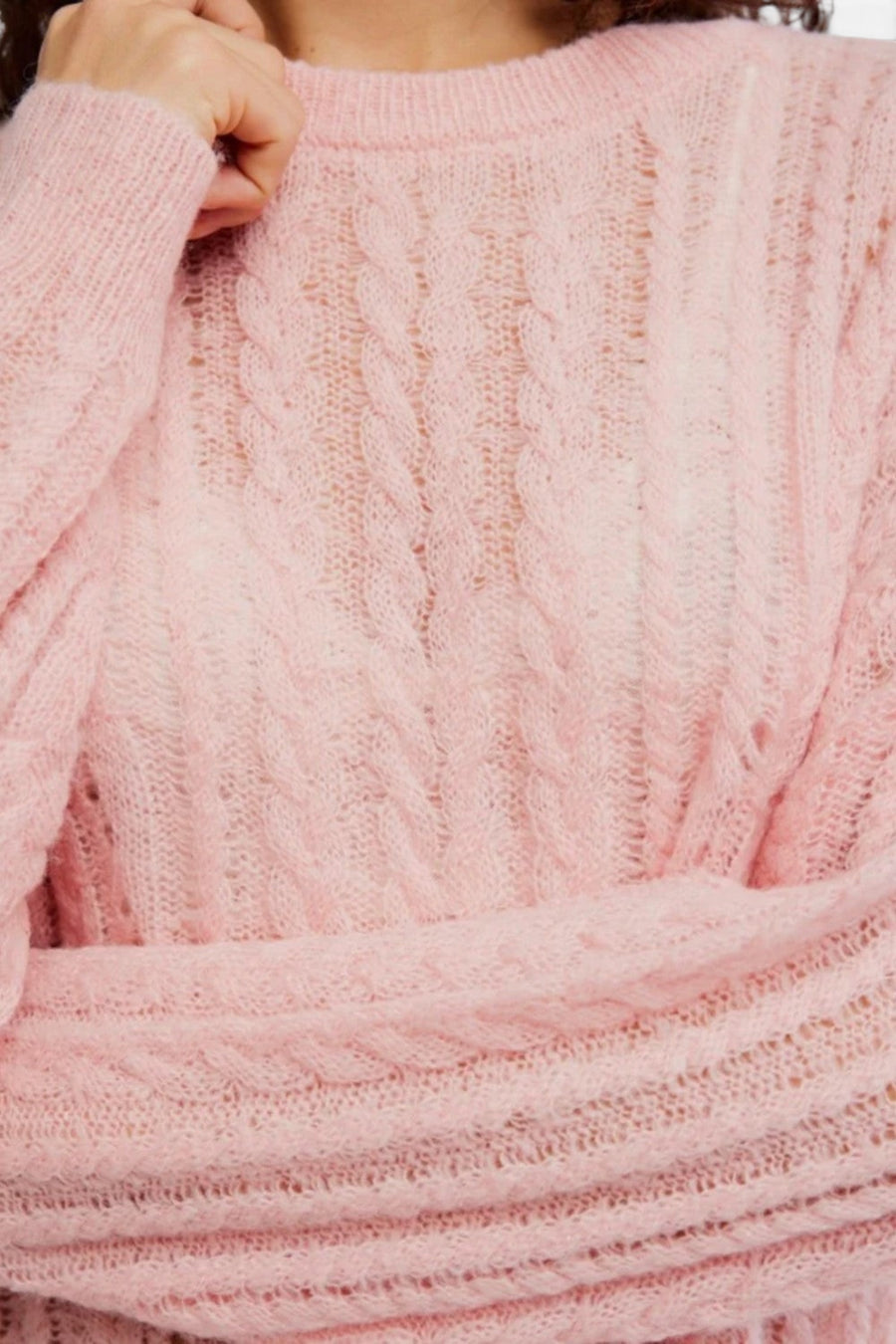 Free People Sheer Luck Cable Sweater in Peach Skin – side view
