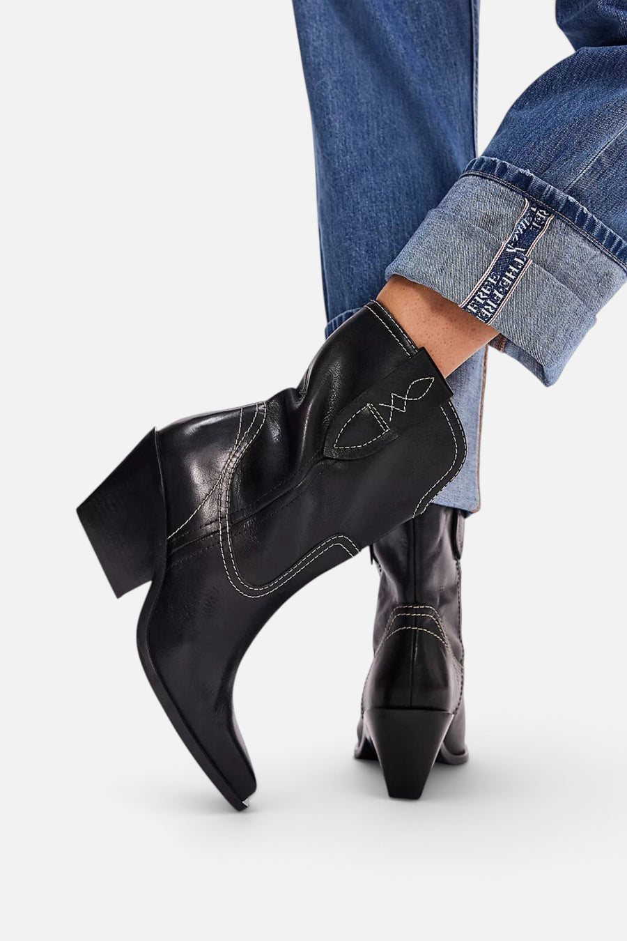Free People Shoes Pitchfork Point Western Boots in Victorian Black Leather – back view
