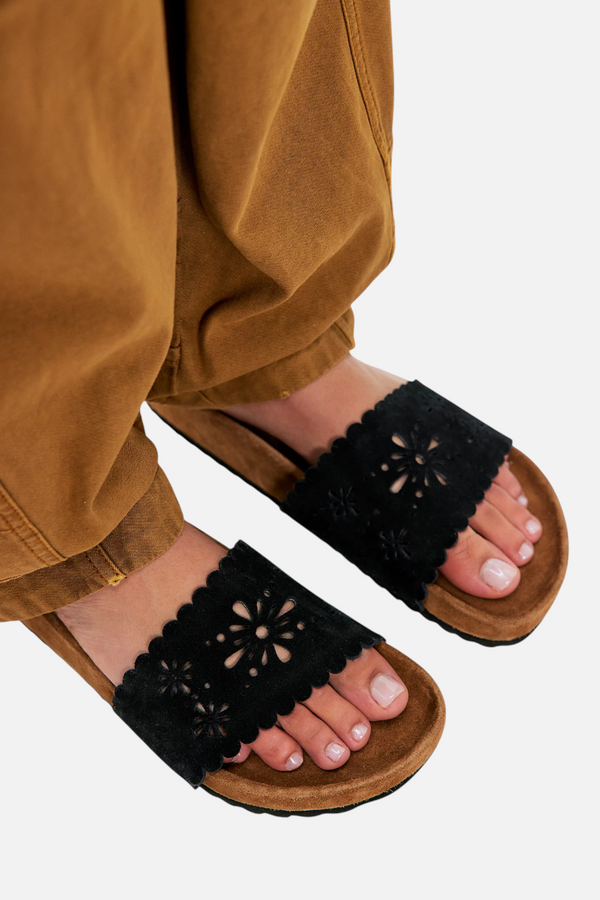 Free People Shore Cut Out Footbed Sandals in Black Suede