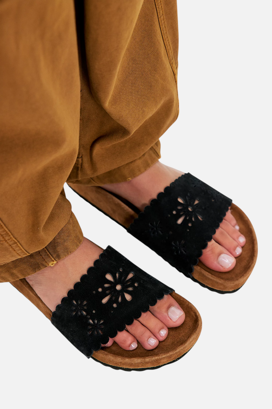 Free People Shore Cut Out Footbed Sandals in Black Suede – front view