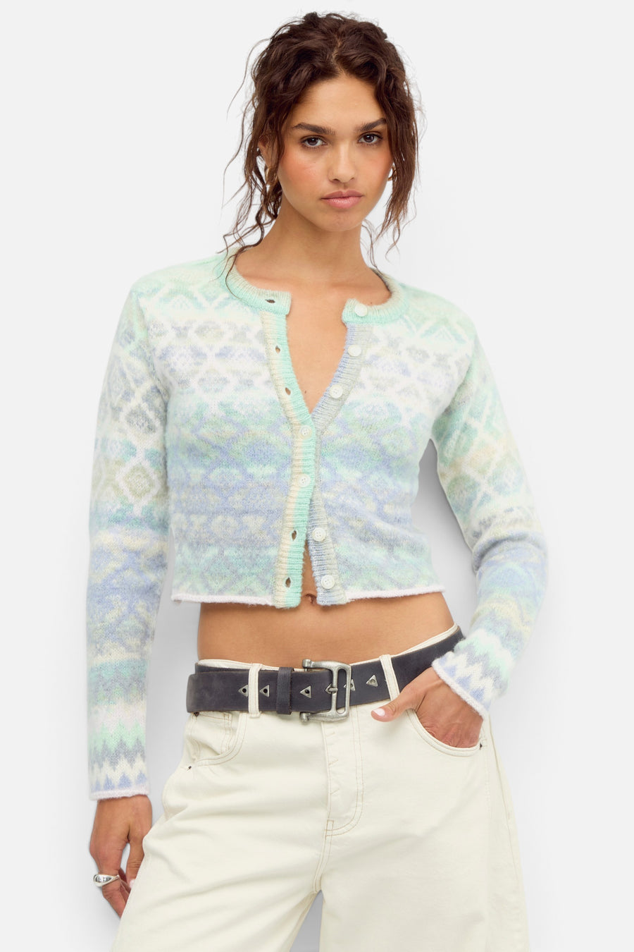 Free People Skye Patterned Cardi in Arctic Frost – front view