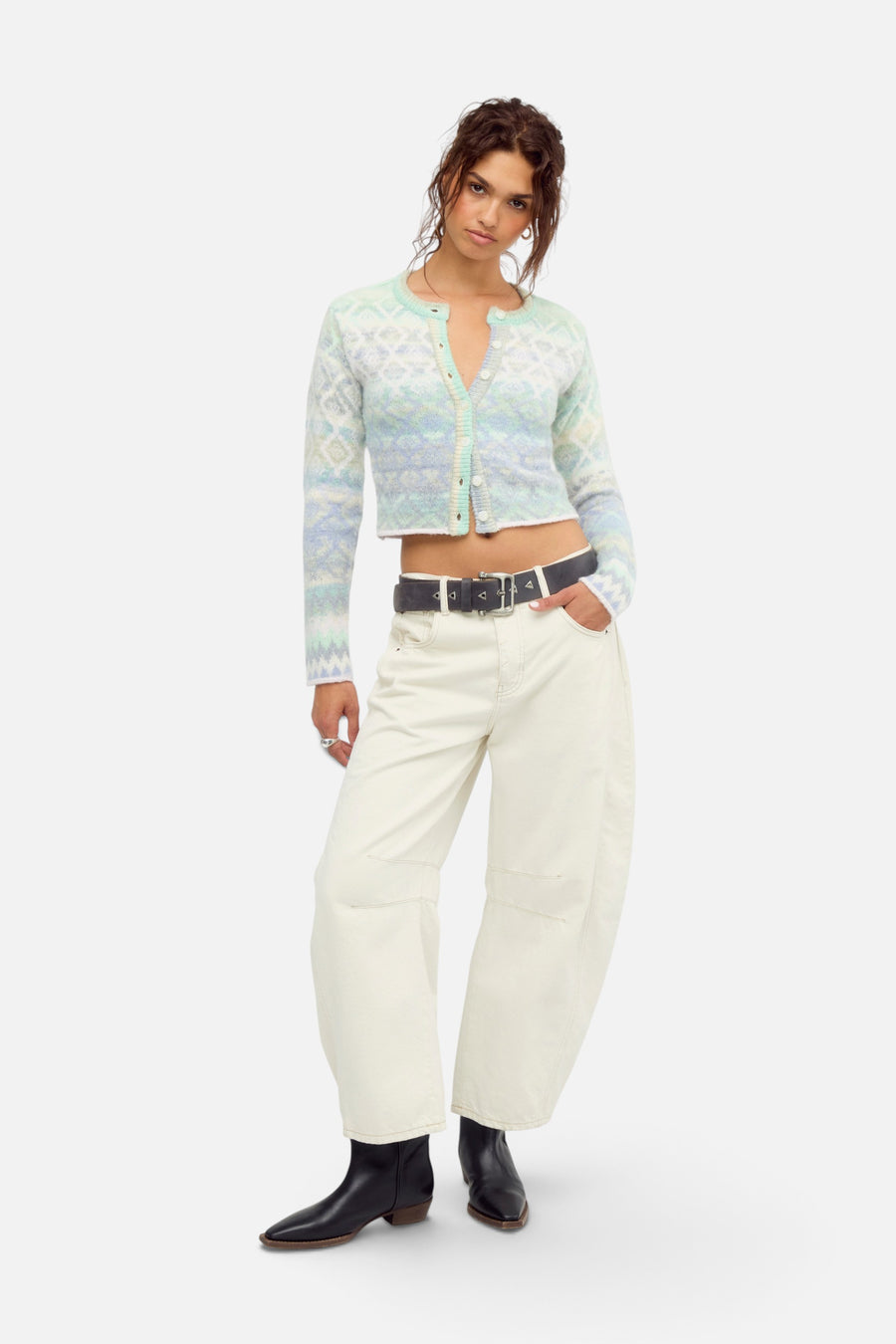 Free People Skye Patterned Cardi in Arctic Frost – on model