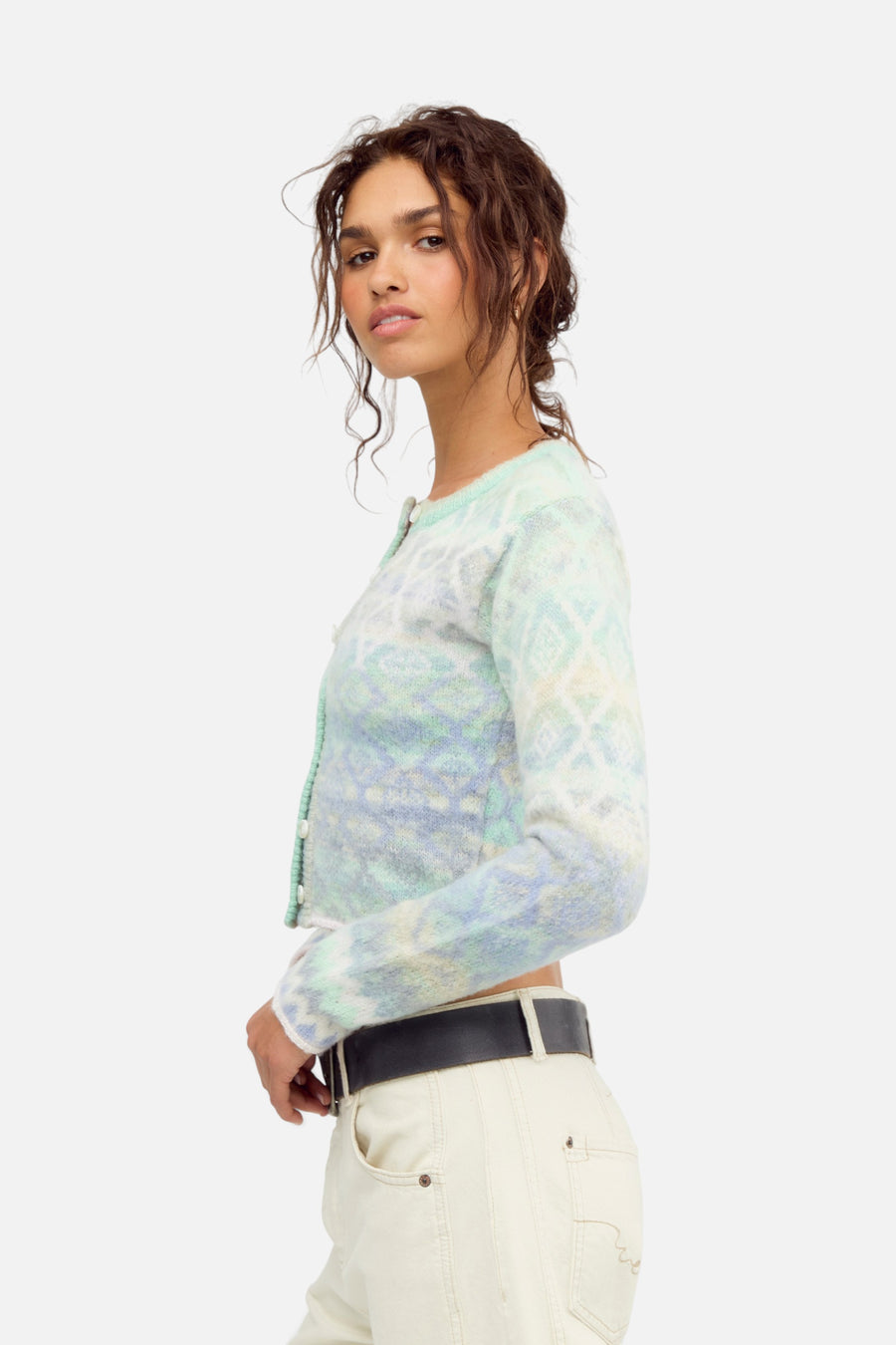 Free People Skye Patterned Cardi in Arctic Frost – side view