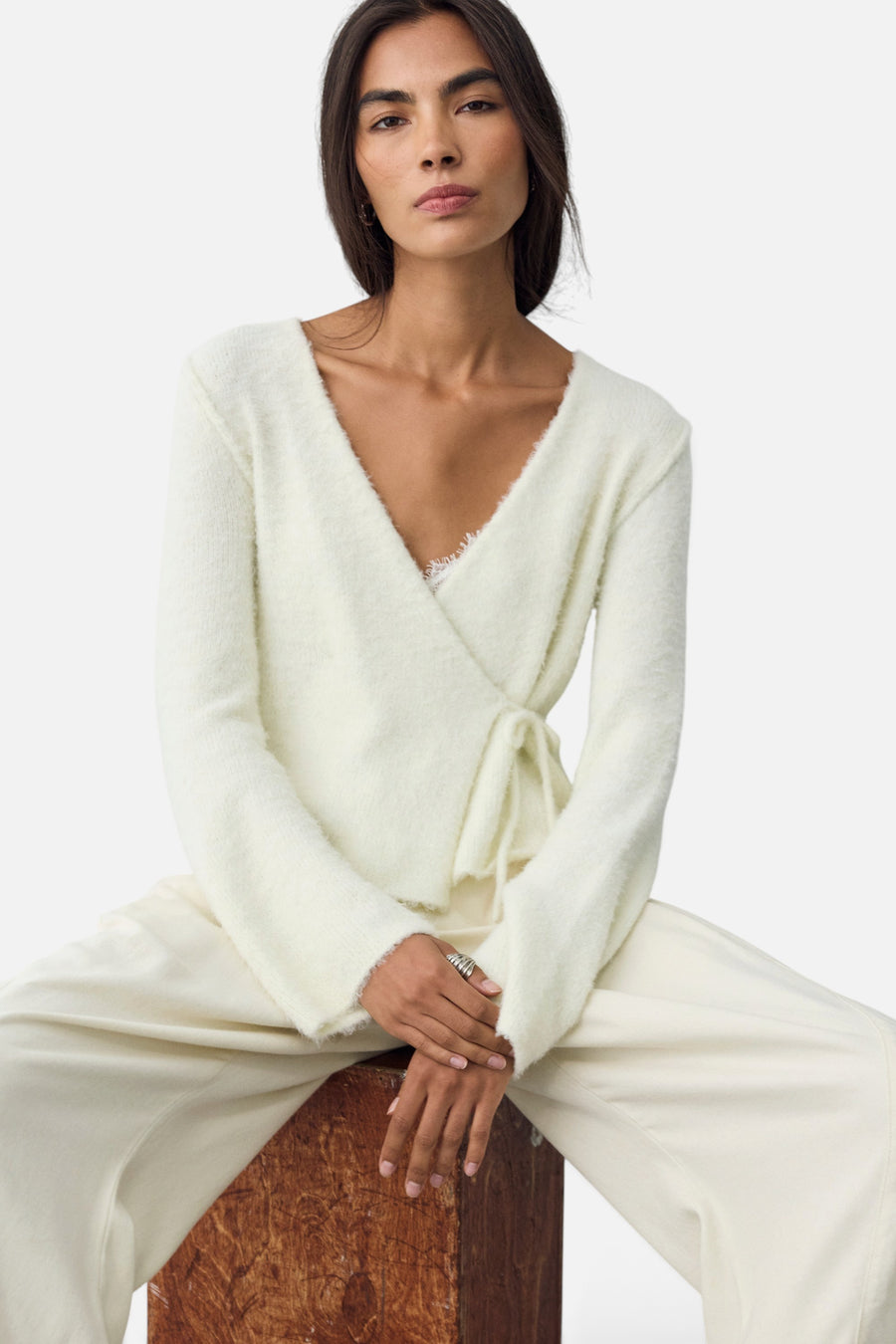 Free People Snowfall Wrap Sweater in Snow Mint Combo – front view