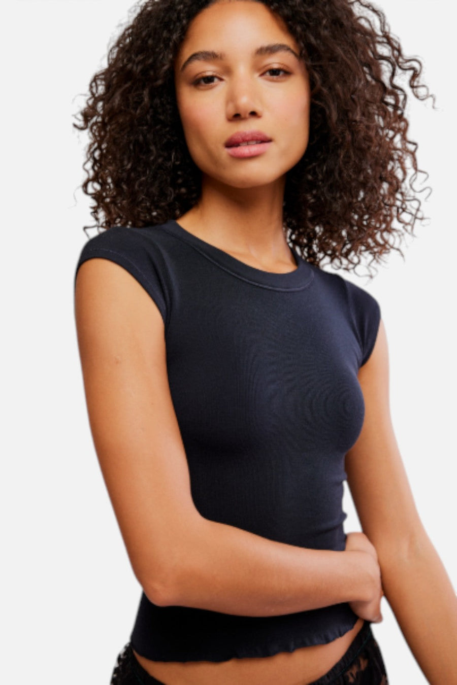 Free People So Soft Seamless Baby Tee in Black – detail
