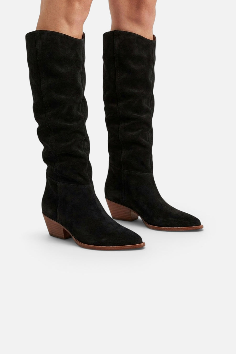 Free People Sway Low Slouch Boots 2.0 in Black Suede – on model