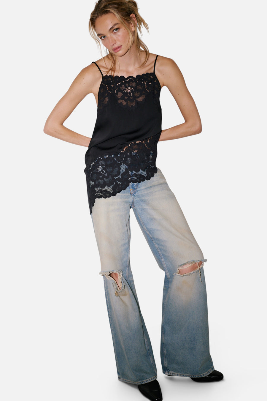 Free People Sweet Heirloom Shapeless Cami in Black – full length
