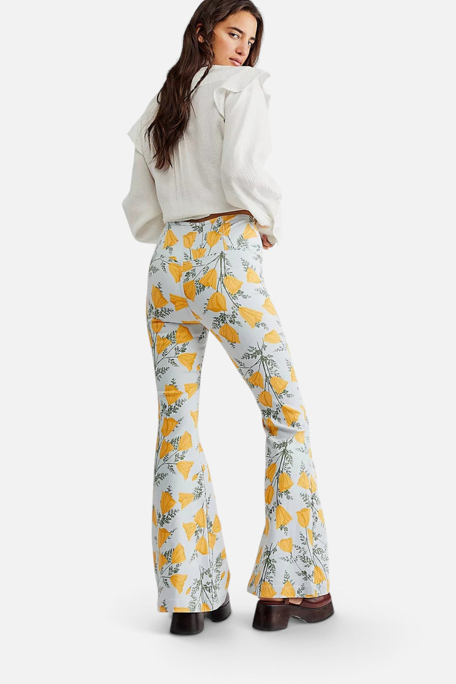 Free People Venice Beach Printed Flare Jeans in Sky Combo Cali Poppies – back view
