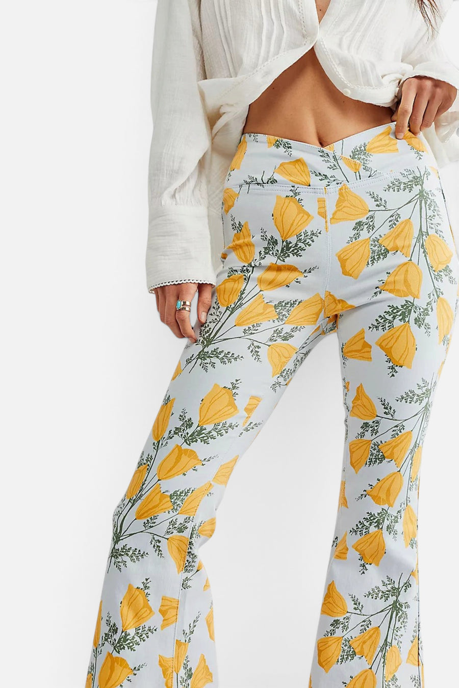 Free People Venice Beach Printed Flare Jeans in Sky Combo Cali Poppies – detail