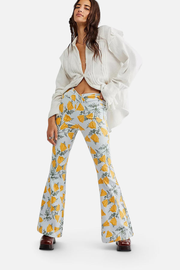 Free People Venice Beach Printed Flare Jeans in Sky Combo Cali Poppies
