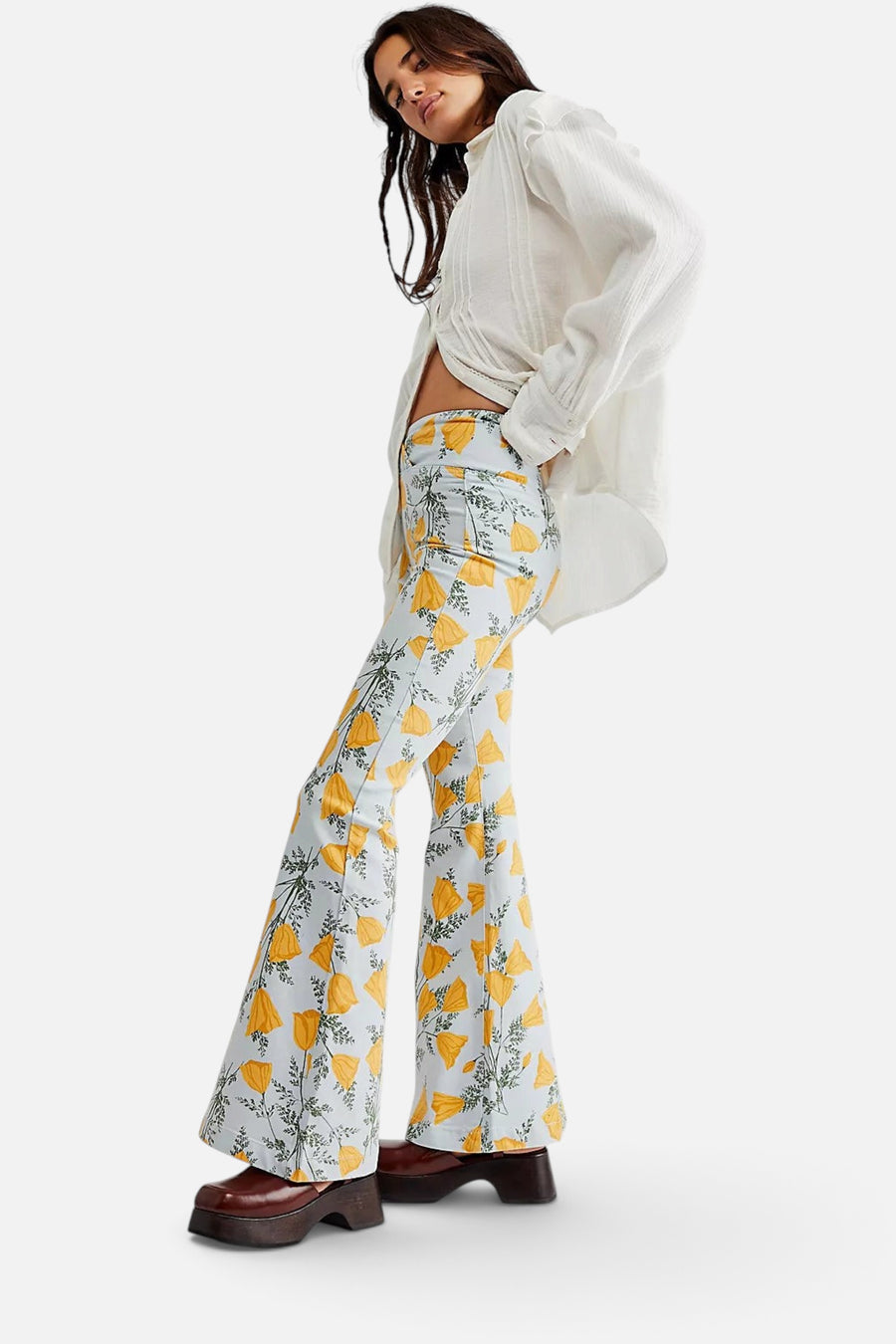 Free People Venice Beach Printed Flare Jeans in Sky Combo Cali Poppies – side view