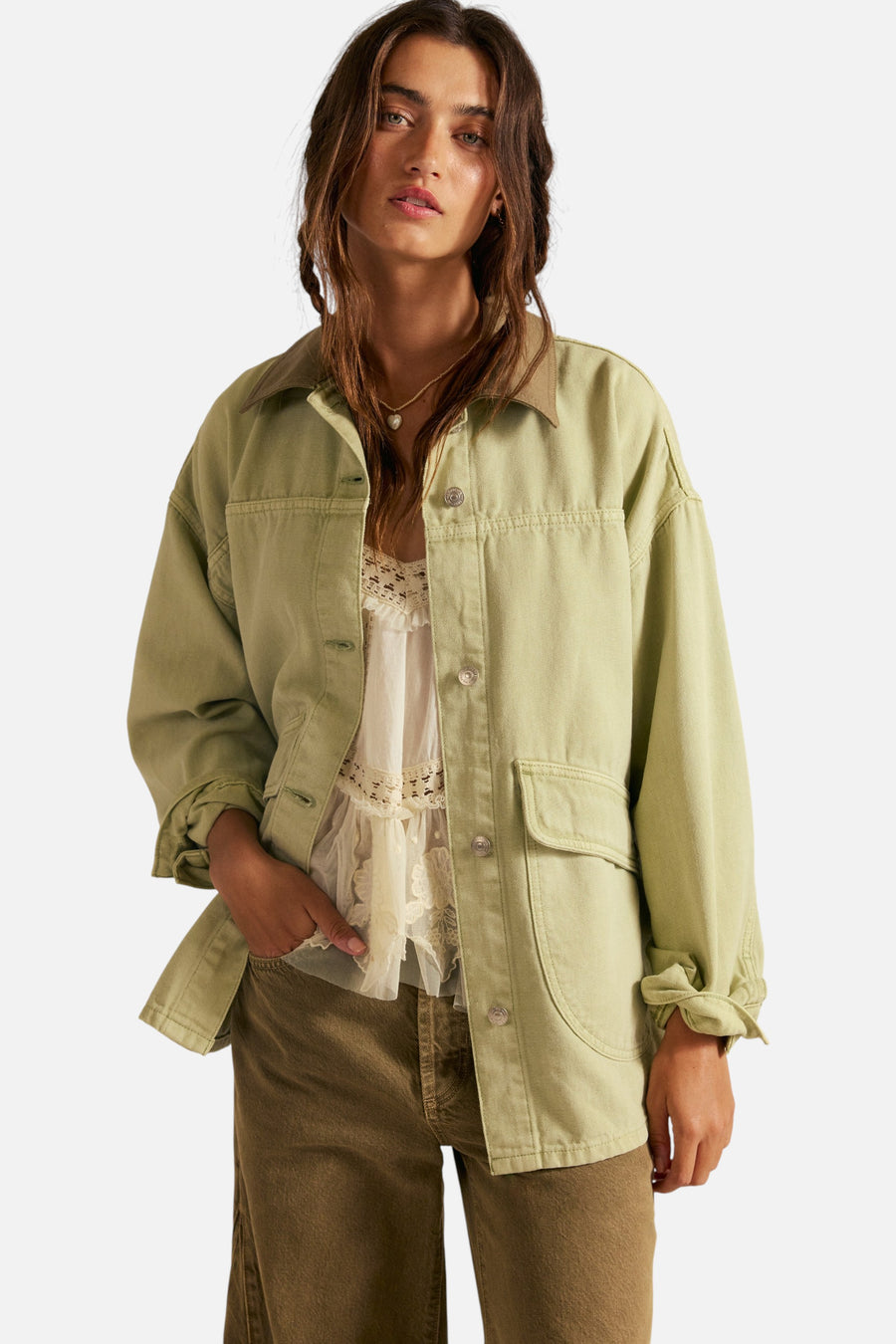 Free People We The Free Lemon Denim Jacket in Washed Sage – front view