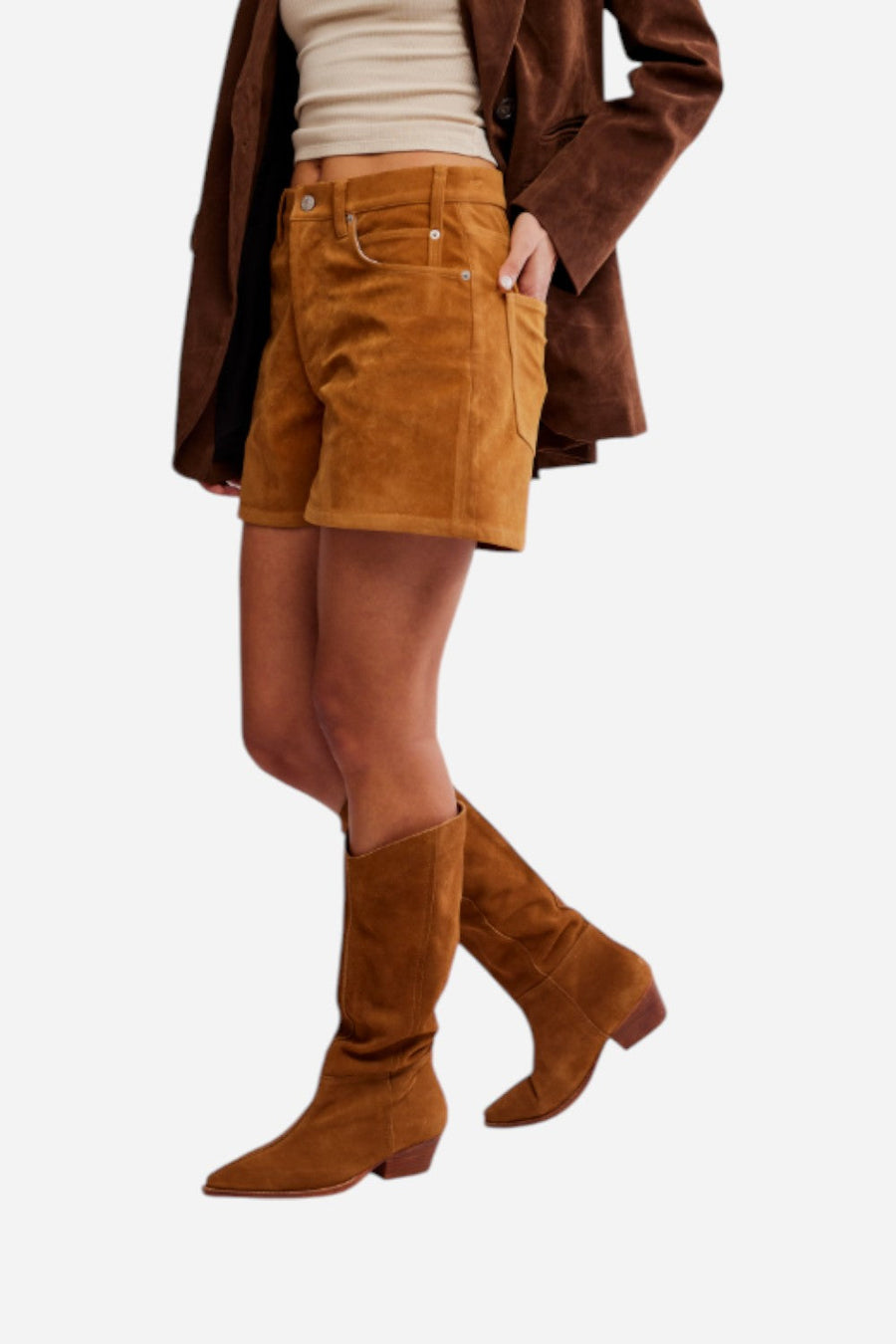 Free People We The Free Tippi Vegan Suede Shorts in Dark Honey – back view